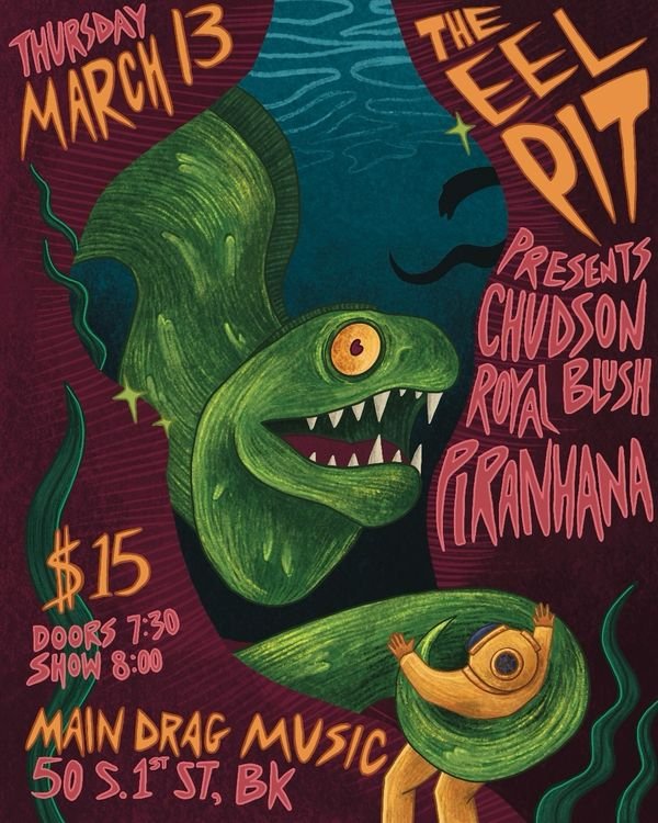 Concert Poster: a hand-lettered gig poster with a green monster